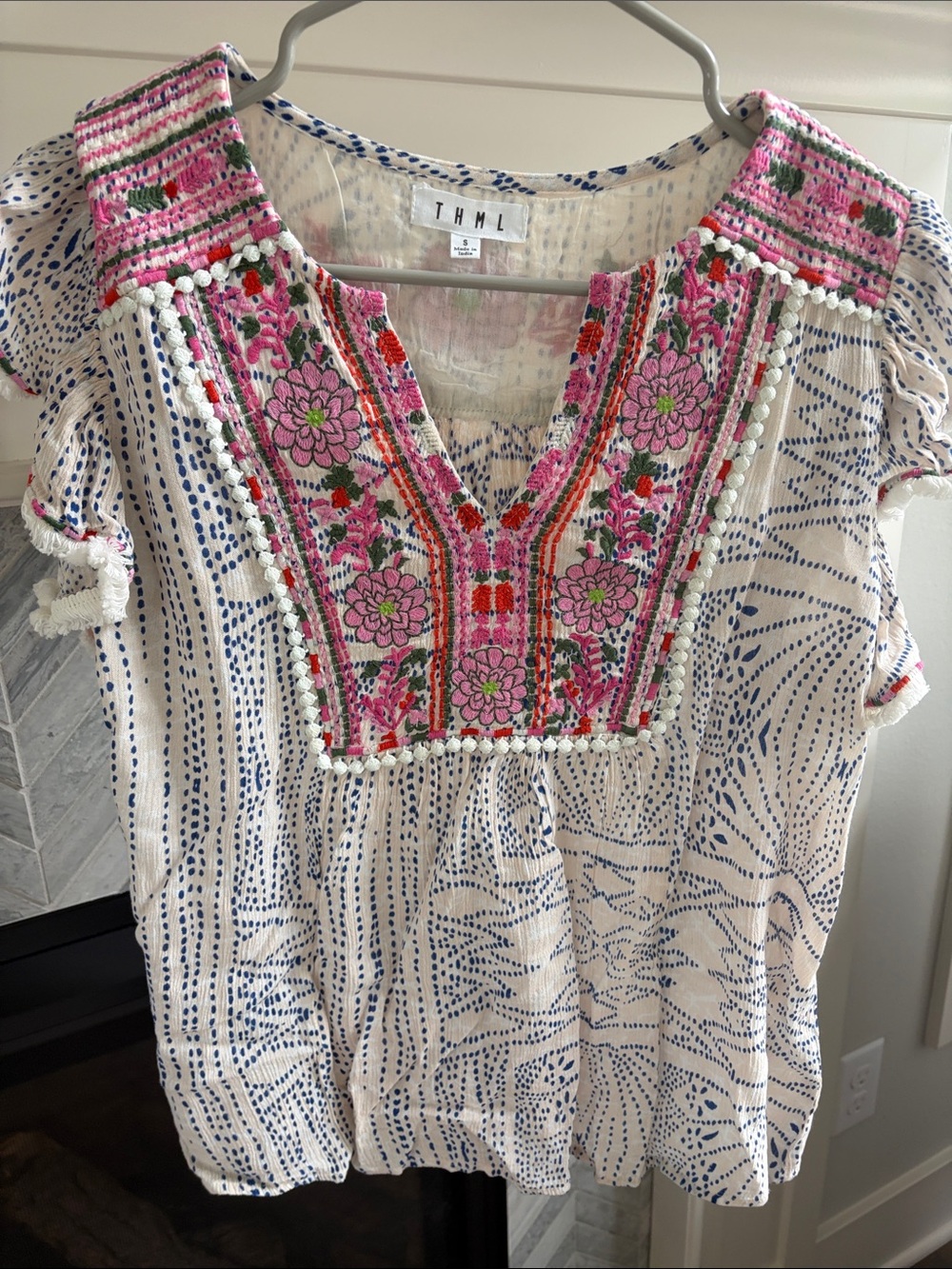 THML Floral Embroidered Top White Pink S NWOT